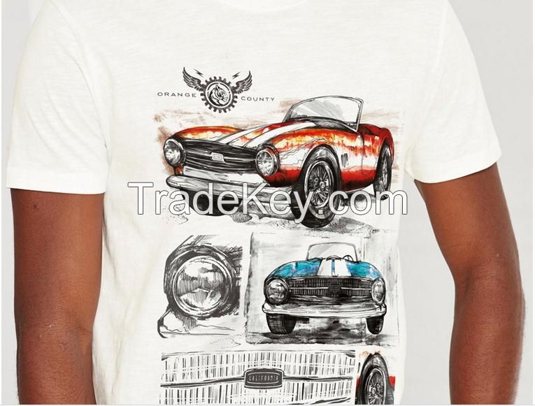 Ecru Vintage Cars Short Sleeve Round Neckline Slub cotton hand-drawn car graphic cotton t shirt