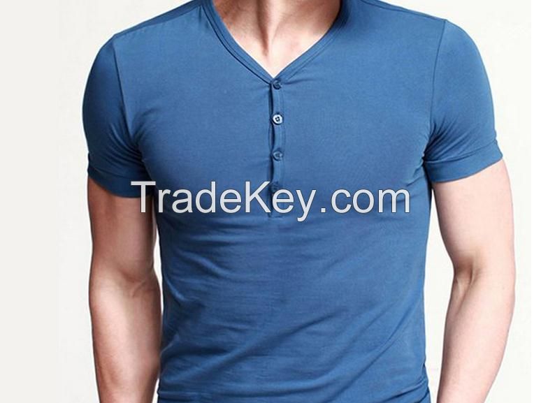 New Arrival Cotton 4 button placket beneath the neckline V neck slim fit Fashionable men short sleeve muscle shirts