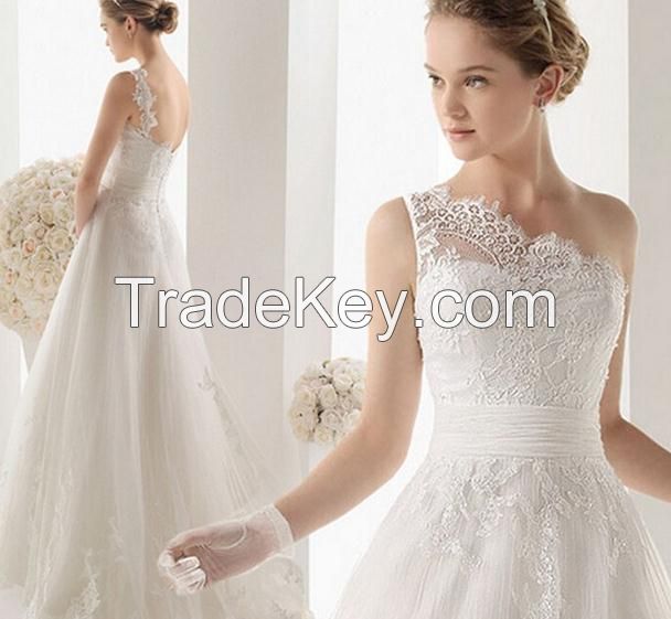 Wedding Dress Online Sexy One Shoulder Lace Applique Long Sweep Train Tulle Prom Wedding Dress