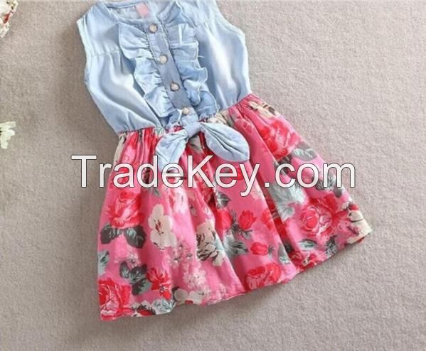 Girls Dress Summer 2016 Girl Flower Dress Baby Sleeveless Dresses Children Denim Dresses Kids Party Princess Clothes 