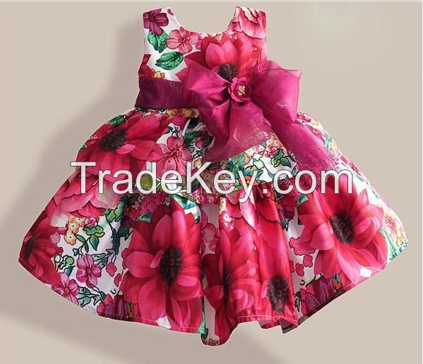 Christmas Girls Dresses Fashion Silk Bow Rose Flower Print Sleeveless Girl Party Dress children clothing vestidos infantis 