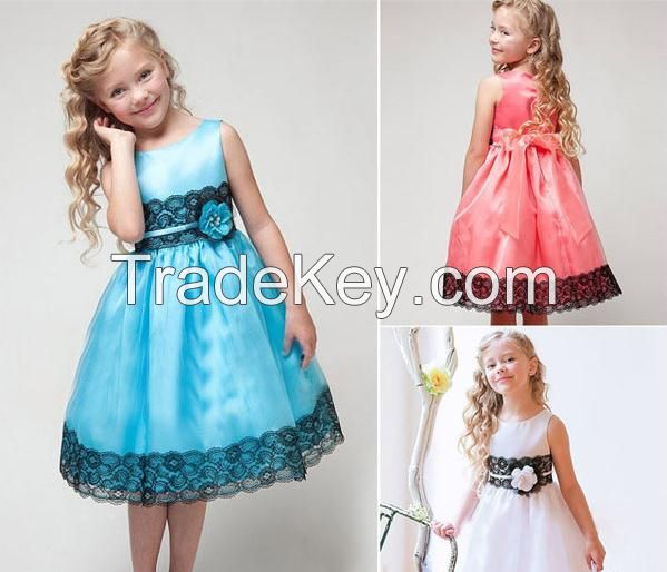 3 Colors Girls Sleeveless Silk Princess Party Dress Summer Baby Girl Lace Dresses With Bow Belt Children Kid Party Clothes