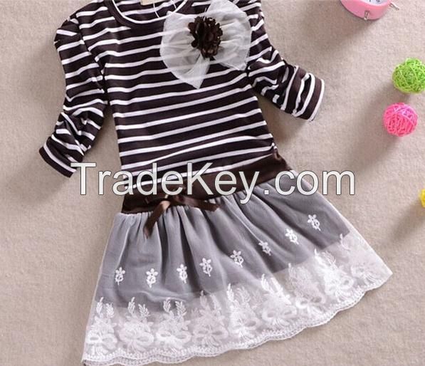 Hot New Autumn Children Wedding Dress Baby Girls Dresses Kids Striped Bow Long-Sleeved Lace Princess Casual Dress 