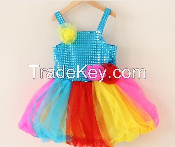 Baby girl party dress rainbow Spaghetti Strap dancing children girl dress