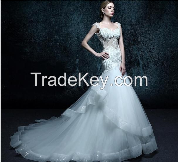 Attractive Sweetheart Long Tulle Lace Appliques Wedding Dress 2016 Bridal Gown With Beadings New 