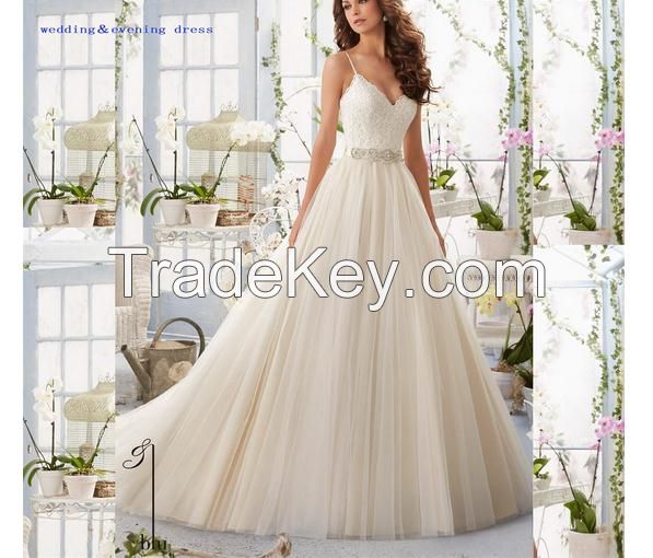 Charming A-Line Tulle Spaghetti Strap Lace Appliques 2016 Wedding Dress