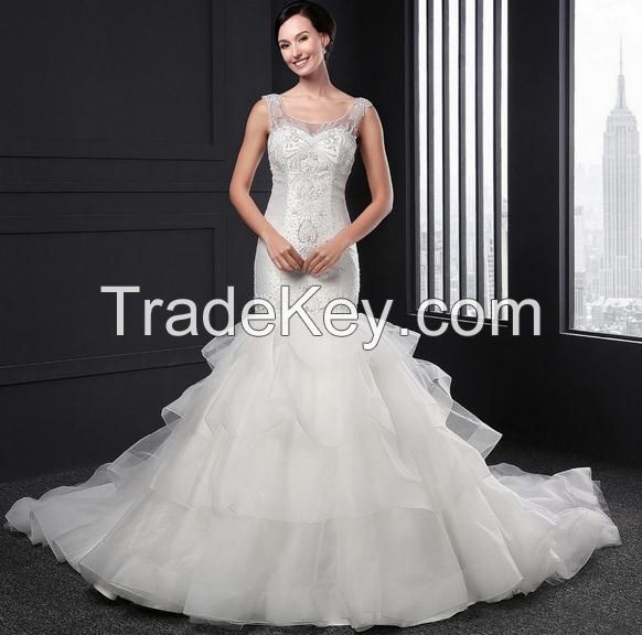  Sleeveless O-neck Appliques Beading mermaid Wedding Dress