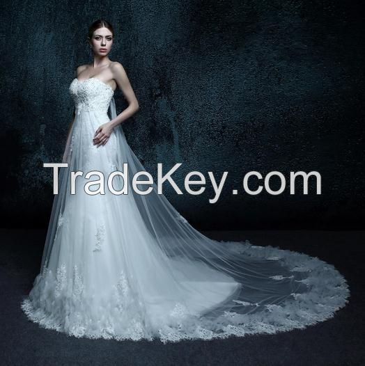  A Line Strapless Lace Bridal Gown Chapel Train Crystal Sash Wedding Dress