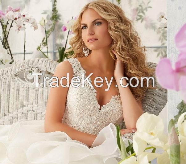Charming A-Line V-Neck Organza With Lace Appliques 2016 Beaded Wedding Dress