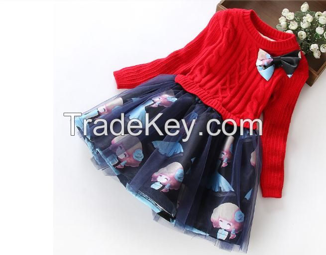 2016 spring winter fashion kids girls yarn knitted thick cashmere sweater dress