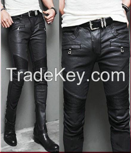 Black Wax Coated Mens skinny Biker Jeans free samples denim jeans jeans 