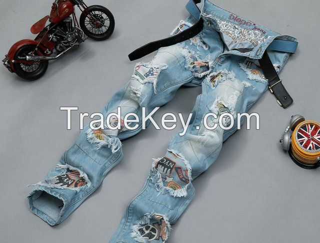 fashion mens jeans high quality jeans pants Ripped nostalgic retro blue jeans men