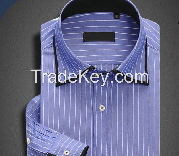 Man's 100% cotton new trendy long sleeve contrast double collar stripe slim fit dress shirt