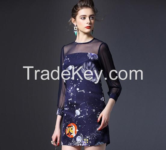 2016 latest fashion designs women short Dresses with Space printed Pattern  new model casual dress for wholesale
