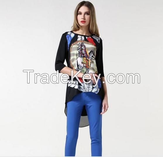 2016 New Latest Printed Design wholesale ladies tops long sleeve women Long Tshirt