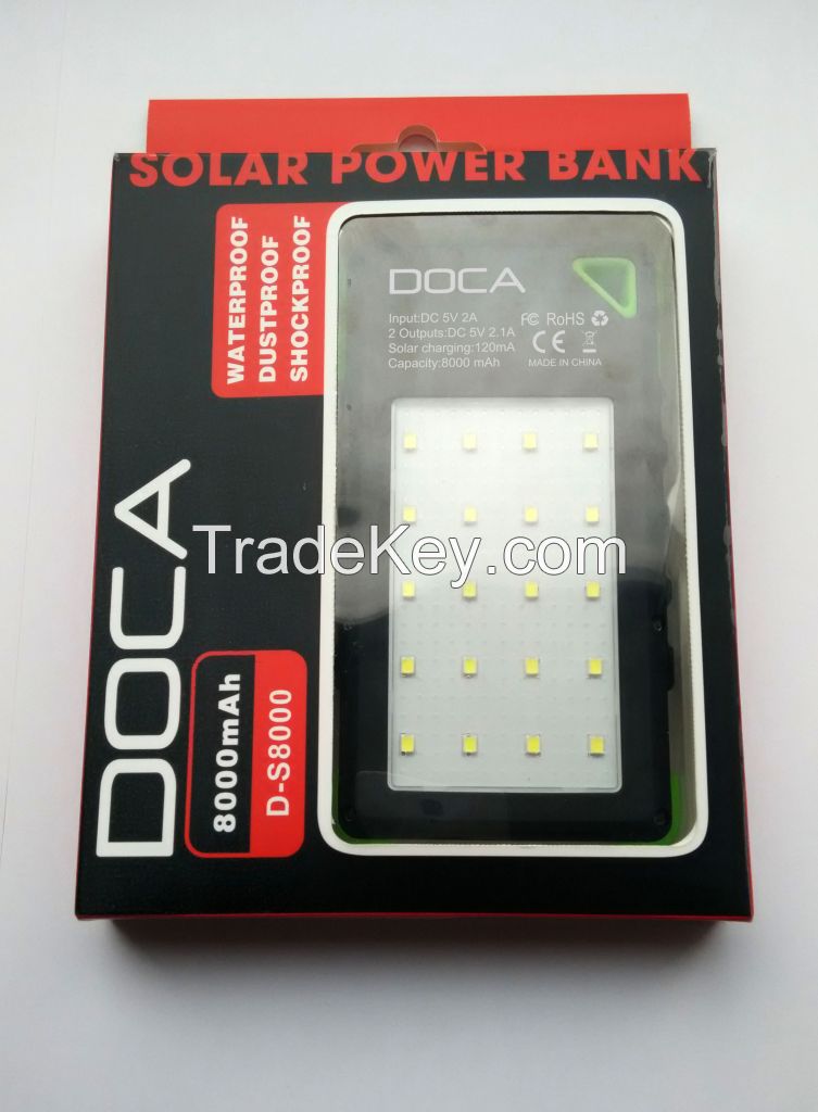 CE ROHS FCC Approved Waterproof Solar Power Bank 8000Mah from DOCA