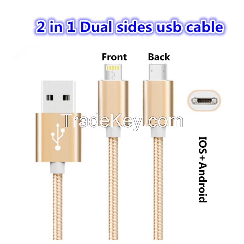 1M Fabric Braided 2 in 1 Micro USB Cable Data Sync USB Cable For Samsung Galaxy S7 iP6/6S Cell phone