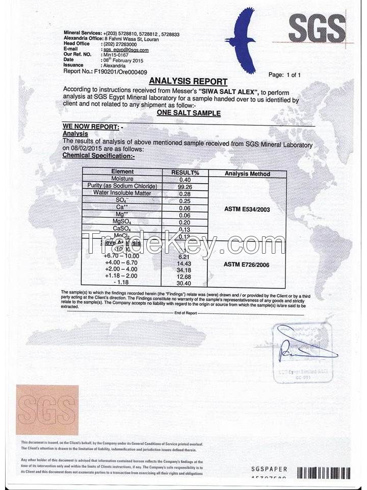 Raw Salt - Egyptian Siwa Oasis (99.26% Sodium Chloride purity, 0.40% moisture)