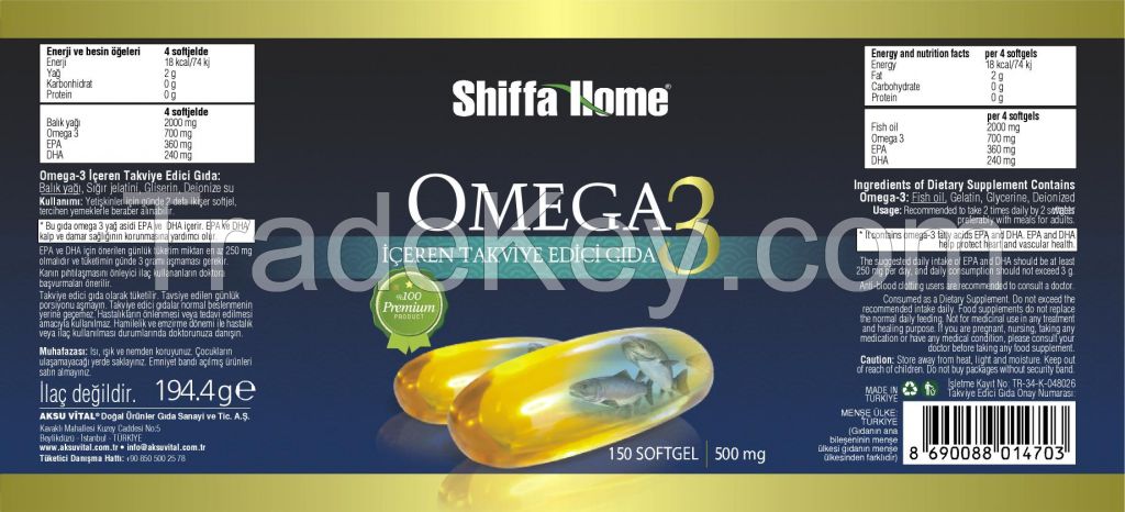 Shiffa Home Brand Omega 3 DHA EPA Fish Oil Softgel Capsule 500 mg x 150 Nutrition Supplement...