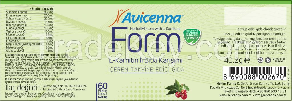 Avicenna Form 120 L Carnitine Dietary Supplement Healthy Weight Loss Herbal Capsule