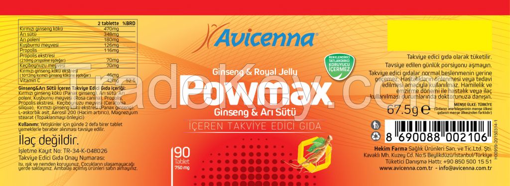 POWMAX 90 Natural Anti Fatigue Tablets Ginseng Root / Royal Jelly / Bee Pollen / Rosehip/ Vitamin C Supplement