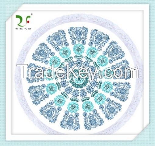 Hot Sale Reactive printed big Cotton Round Beach Towel with tassels 