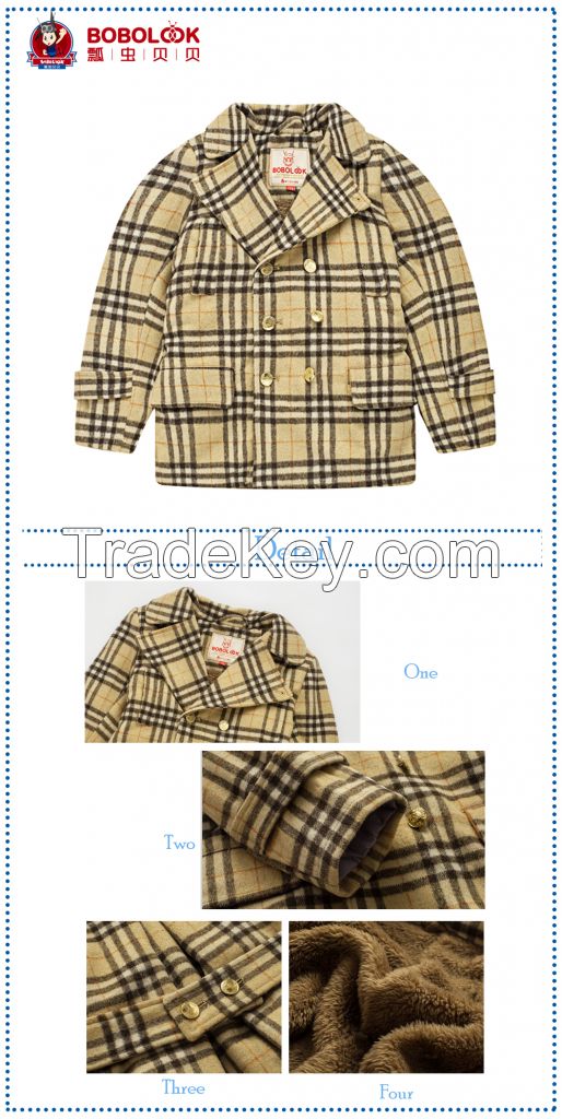 2015 Autumn Plaid Kids Long Sleeve Coat Models With Warm Fur Lining