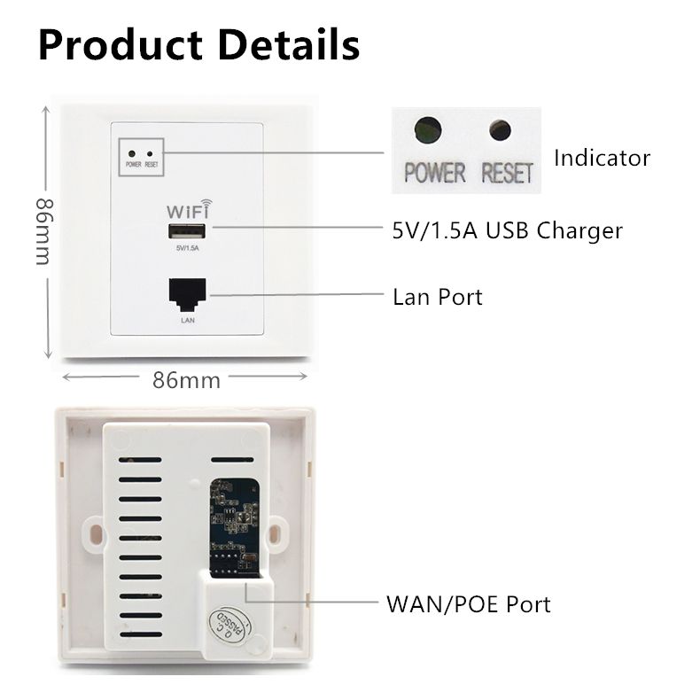 WPL6003 White POE power supply hotel use in wall wireless access point with USB port