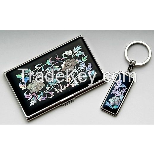 Business Card Holder and Key Ring Set with Mother of Pearl Peony - Korean Traditional Lacquerware Handcraft Souvenir