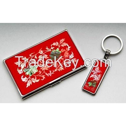 Business Card Holder And Key Ring Set With Mother Of Pearl Peony - Korean Traditional Lacquerware Handcraft Souvenir