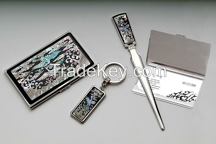 Card Case, Key Ring And Letter Opener Set With Mother Of Pearl Crane Design - Korean Traditional Lacquerware Handcraft Souvenir