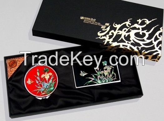 Business Card Case, Hand Mirror Set With Orchid Design - Korean Traditional Lacquerware Handmade Present