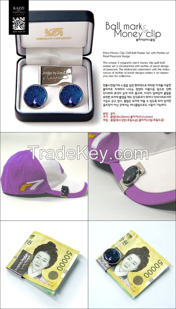 Money Clip Golf Ball Marker Set with Mother of Pearl Peacock Design , Korean Traditional Handicraft Gift