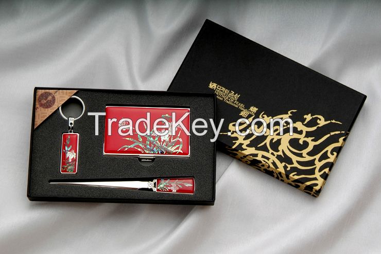 Card Case, Key Ring and Letter Opener Set with Mother of Pearl Crane Design - Korean Traditional Lacquerware Handcraft Souvenir