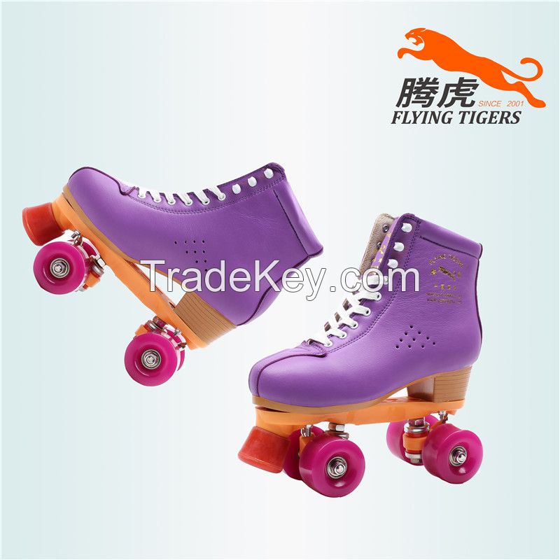 Flying Tigers Quad Roller Skates FT520 Purple Leather Classic For Rental Rinks Outdoor Skating That Is Comfortable- stylish- and Durable