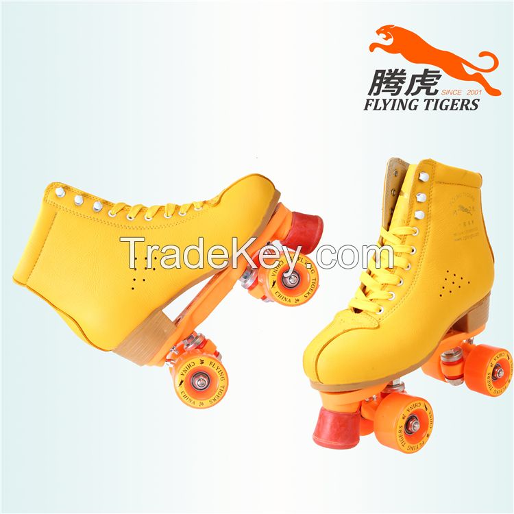 Flying Tigers Quad Roller Skates FT520 Yellow Leather Classic For Rental Rinks Outdoor Skating That Is Comfortable- stylish- and Durable