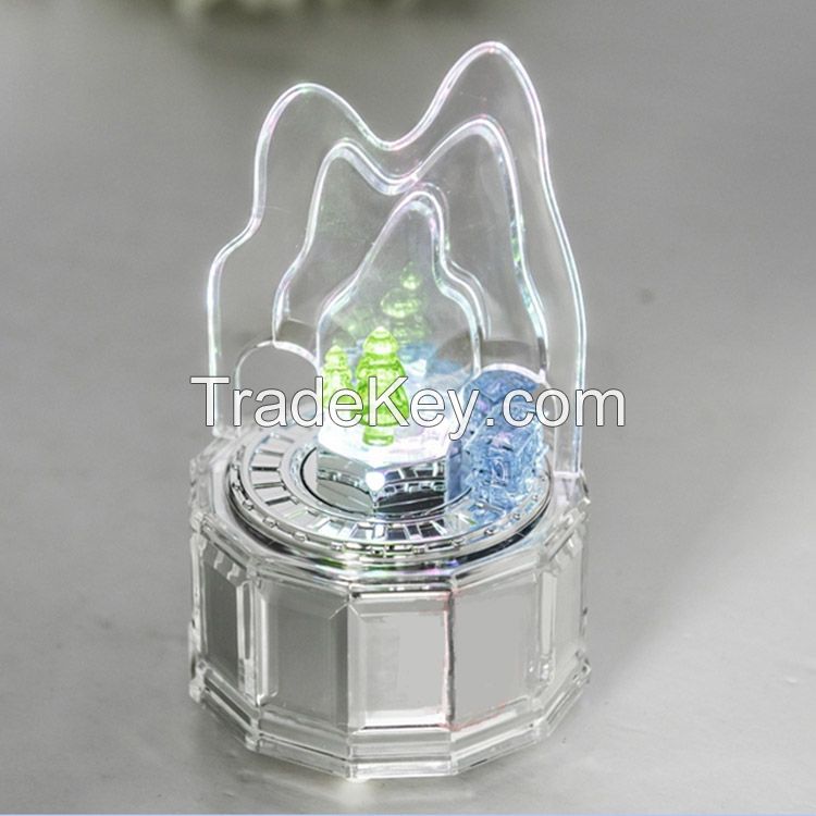 Favorable acrylic forest and train scene music box with led light, wind up music box with custom music