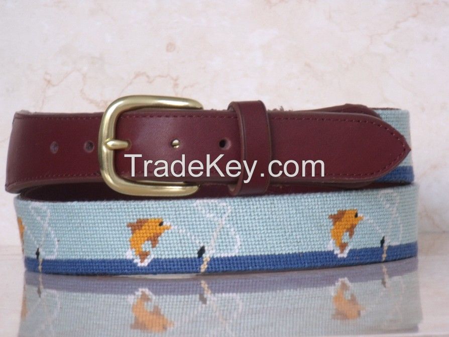 Small Yellow Croaker Needlepoint Belts for Men