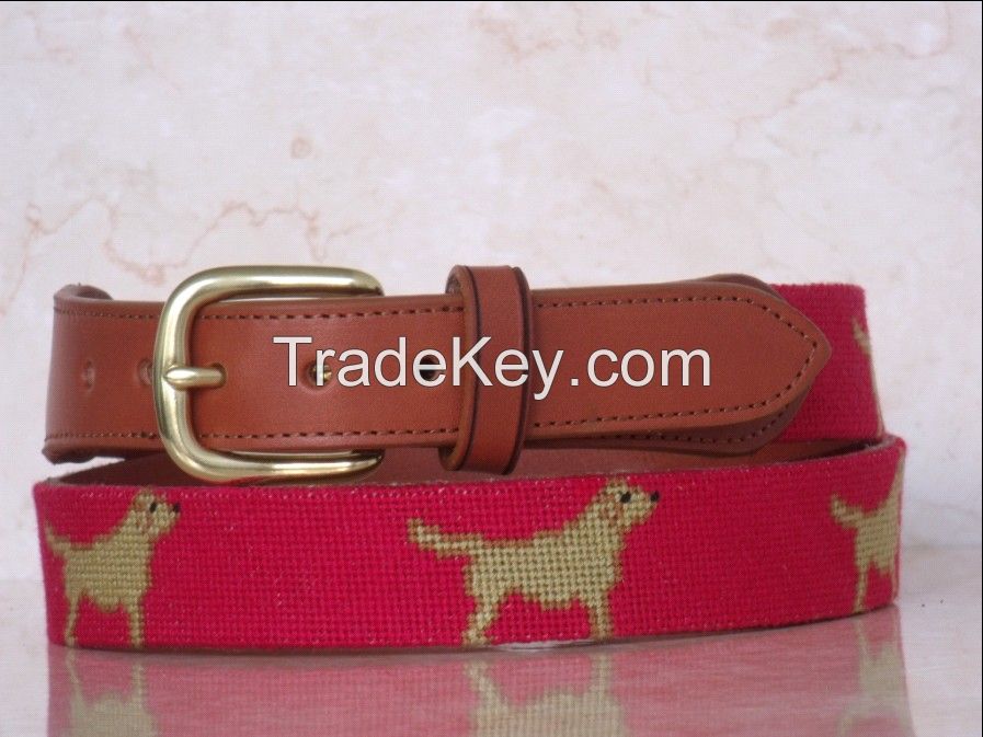 The Dog Needlepoint Belts in Red Color with Genuine Cowhide Leather