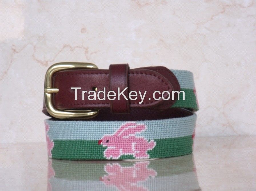 Rabbit Needlepoint Belt for Kids Made of Genuine Cowhide