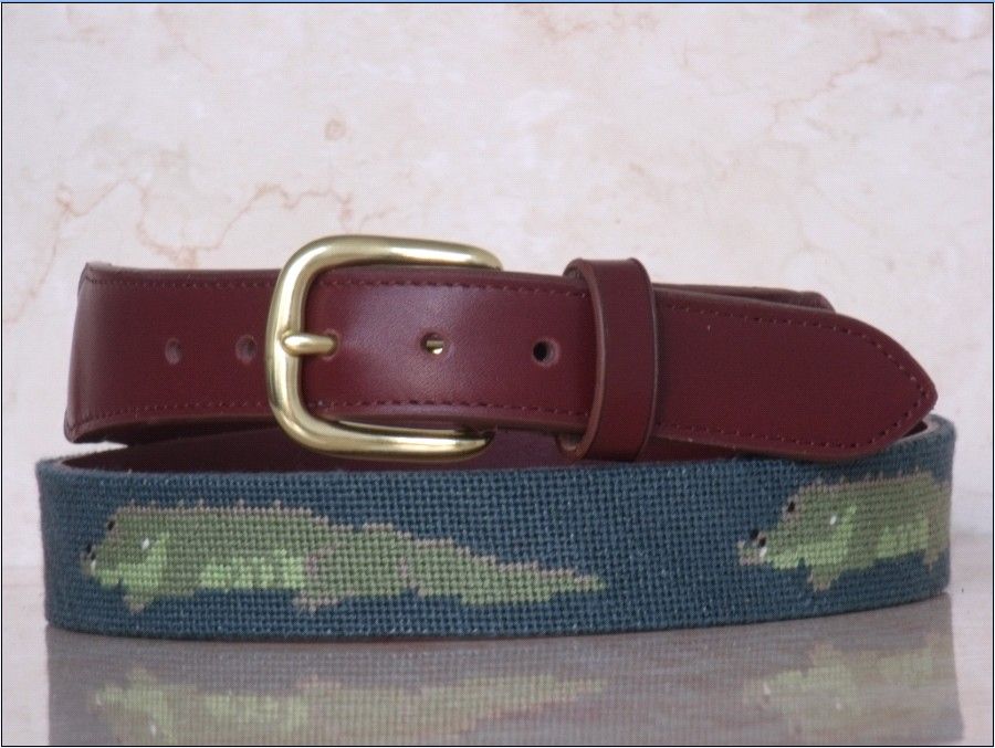 Needlepoint Fish Belts with DMC Cotton and Monogram Genuine Leather in Grey color