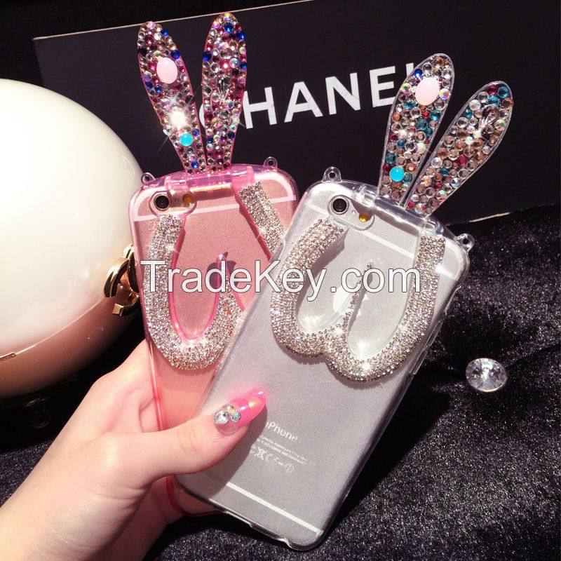 Rabbit ears bracket diamond Silica phone case for iPhone