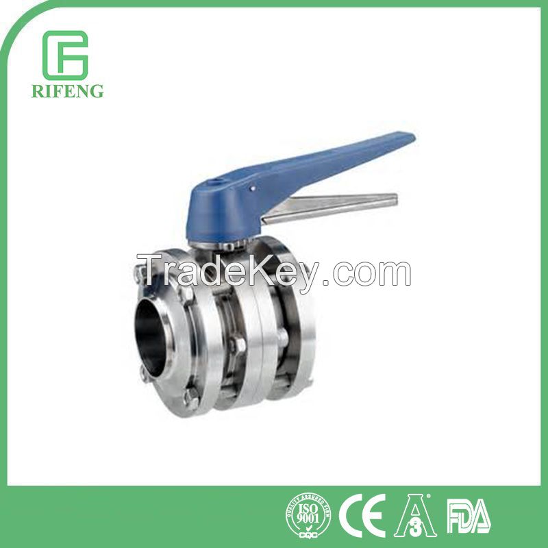 sanitary stainless steel manual 3pcs flange butterfly valve with plastic multi-position handle