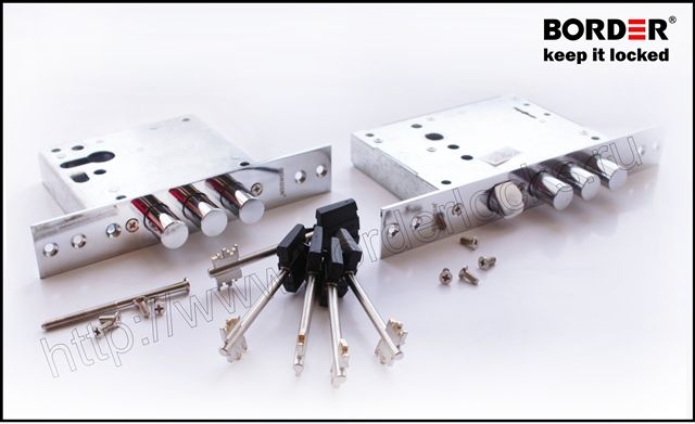 Double mortise universal lock set with different locking mechanisms.