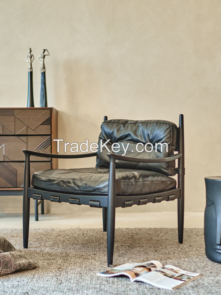 Black Color High End  Genuine Cowhide Leather Tufted Chair 