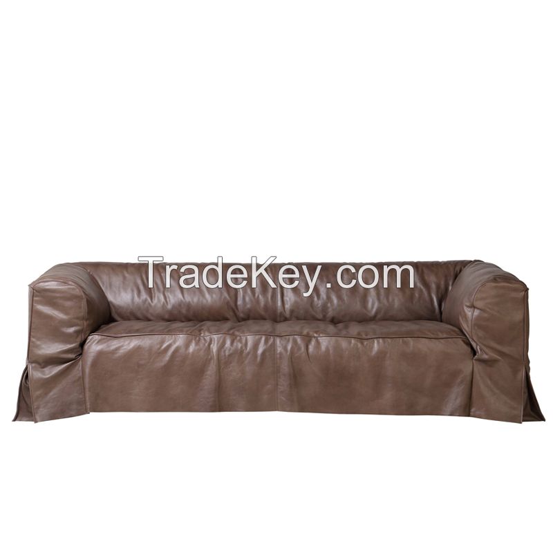 Otium Style  Top Grain Genuine Light Oil Wax Cowhide Leather Cappuccino and Petroleum Color Living Room Sofa