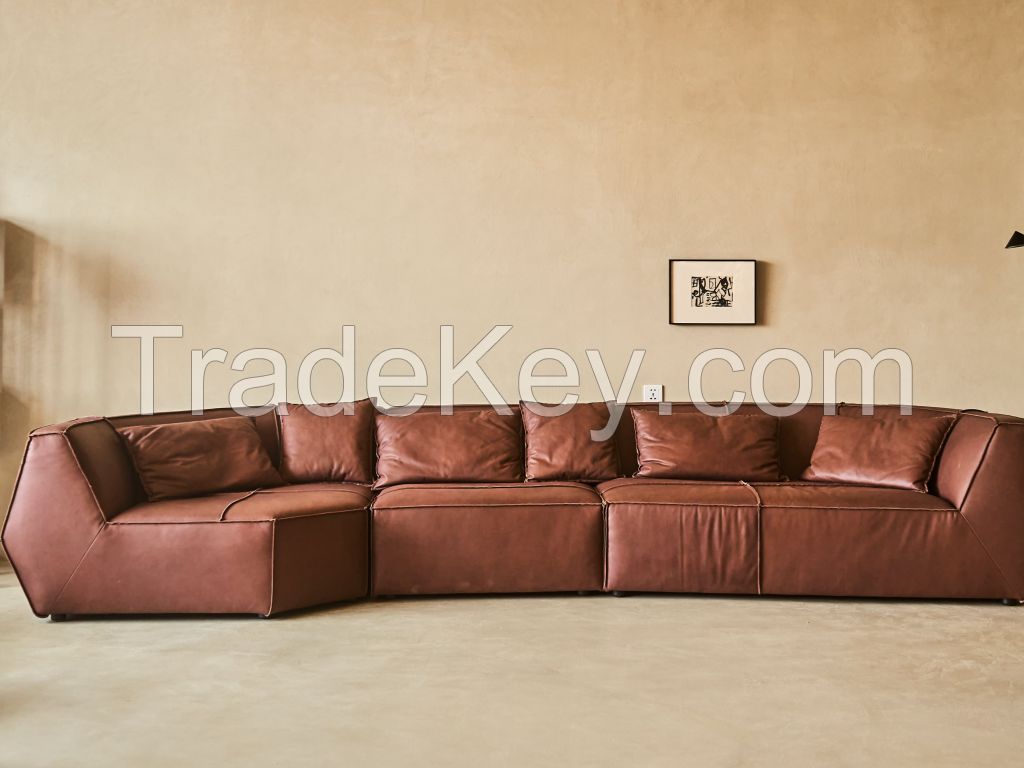 High - end Genuine Leather Sofa with Wabi - sabi Style