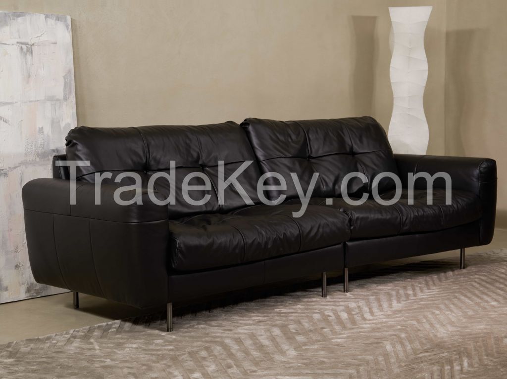 Cosy  Top Grain Genuine Light Oil Wax Cowhide Leather  Black Living Room Sofa