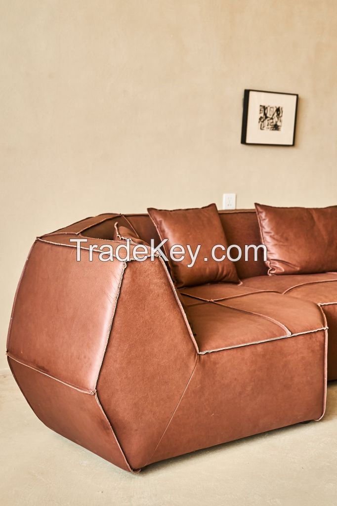 High - end Genuine Leather Sofa with Wabi - sabi Style