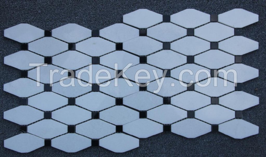 Carrara Marble Italian White Bianco Carrera Long Octagon Mosaic Tile with Bardiglio Gray Dots Honed